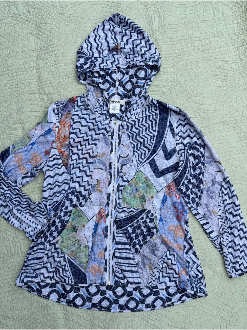 Cubism Soft Patterned Hooded Zip Lightweight Jacket - Size M